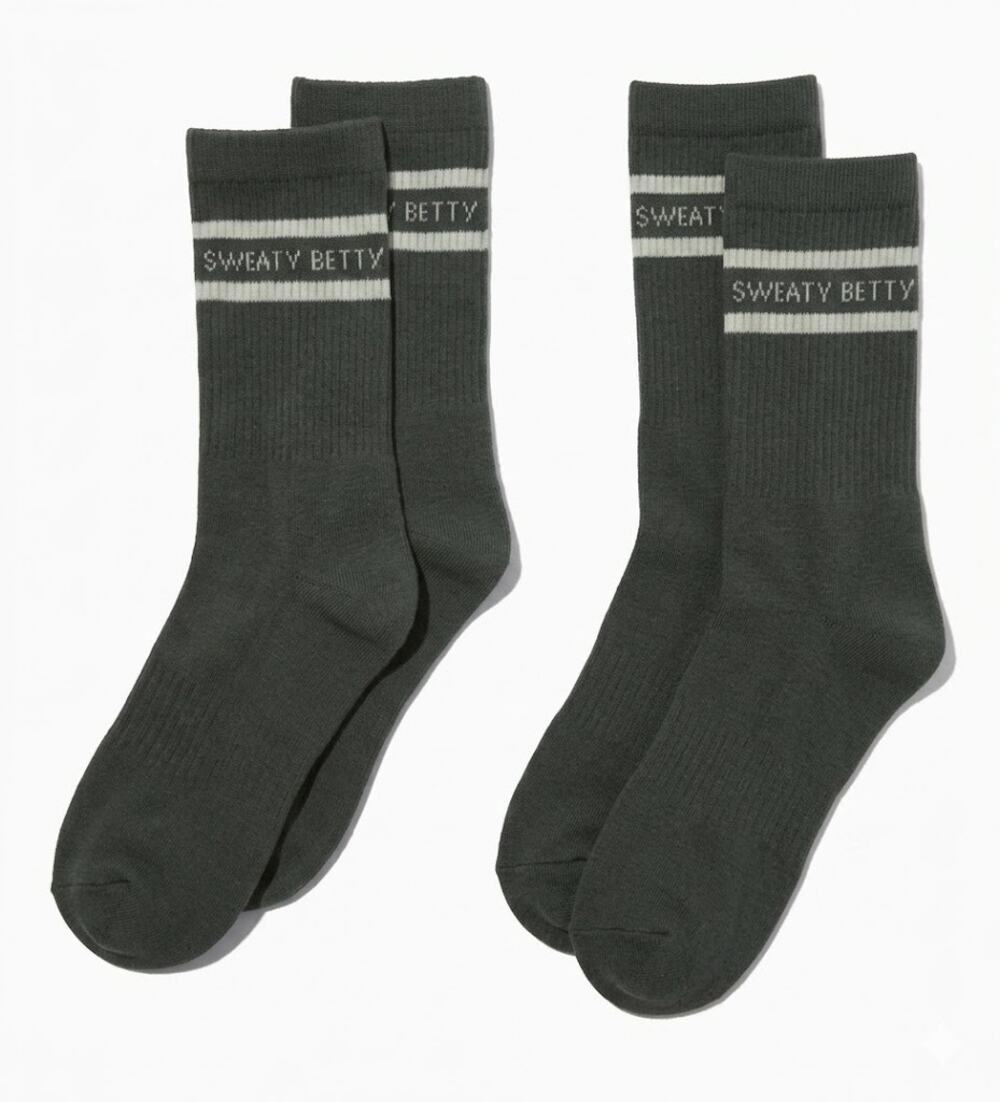 2 Pair Sweaty Betty Varsity Slogan Crew Socks Umbra Green (Gray) Size 8-10 NWT